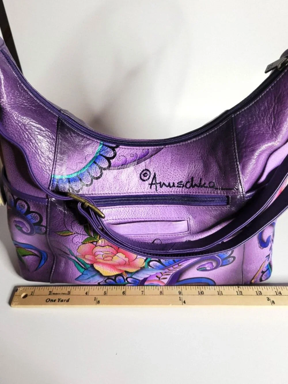 ANUSCHKA Painted Genuine Leather Purple Peonies Paisley Hobo Shoulder Bag EUC